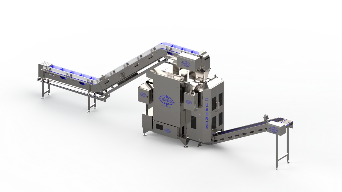 Embaladora vertical EPUPA 3600 com alimentação e retirada automáticas — Usinox